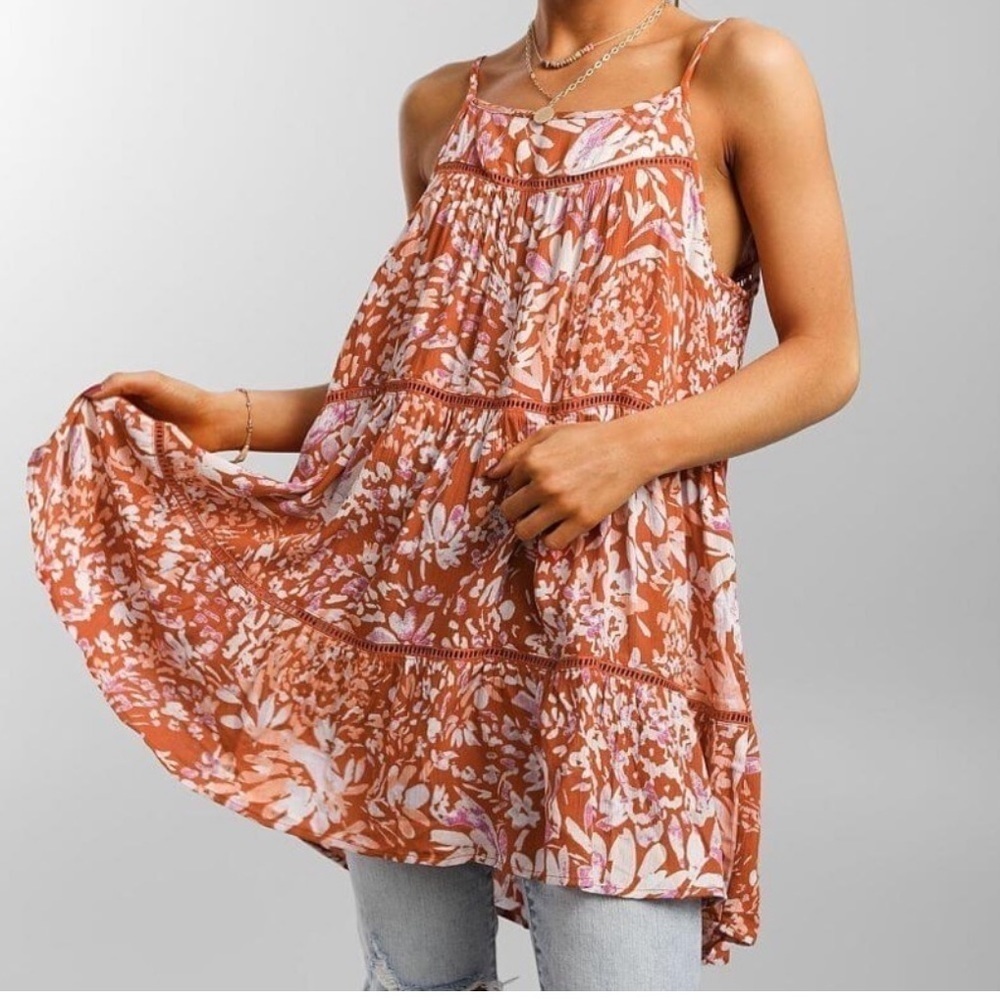 Buckle Daytrip Orange  Floral Boho Tiered Tunic Tank Top M